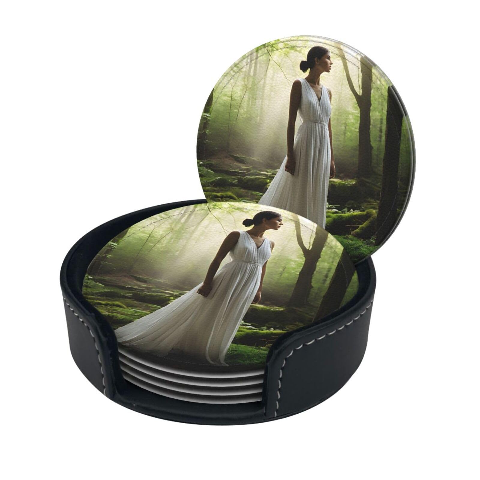 Lake Fairy Print Coaster,Round Leather Coasters with Storage Box for Wine Mugs,Cold Drinks and Cups Tabletop Protection (6 Piece)
