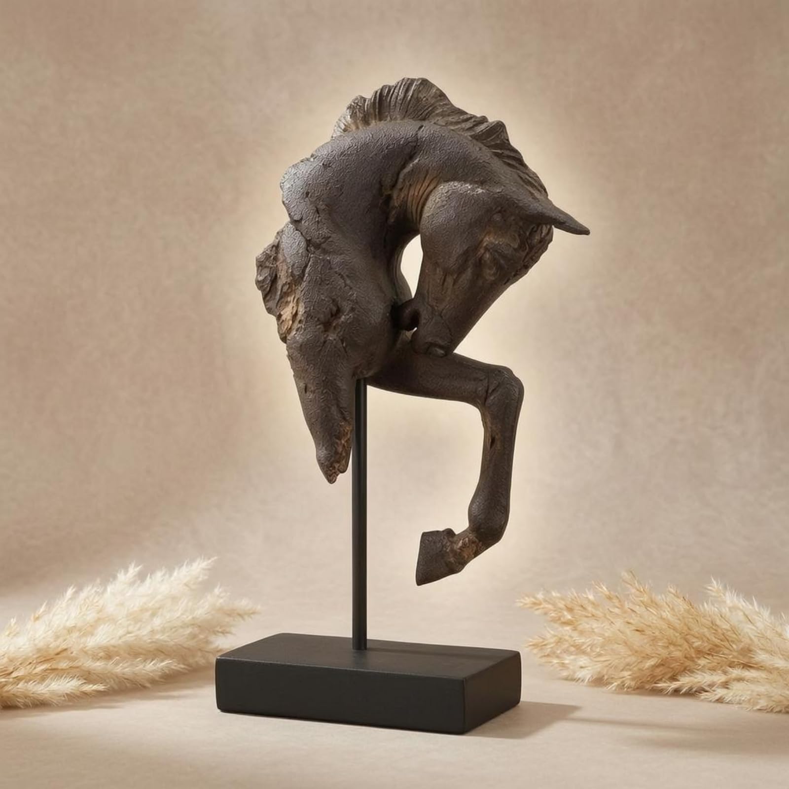 Milageto Estatua de Caballo Decorativa Busto Escultura Figura Ornamento con Silueta y Pátina Oscura Montaje en Soporte Negro para Escritorio y