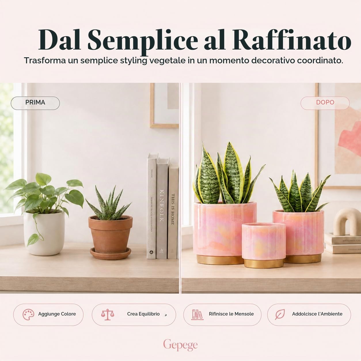 Gepege Vasi per piante da interno rosa per piante, fioriera in ceramica con foro di drenaggio, 15,2 cm + 12,7 cm + 10,2 cm. Vaso per fiori di orchidee succulente - Smalto arcobaleno perlato