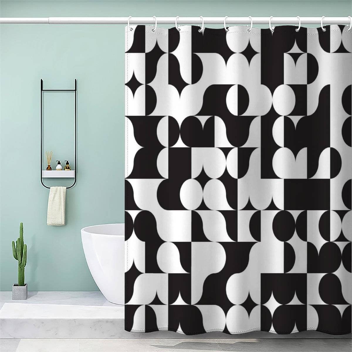 VASENA 3d Shower Curtain Geometric Patterns Black And White Abstract Bathroom Curtain Anti Mould Waterproof Personalized Funky Shower Curtain with Weighted Hem with Hooks 200x200 cm