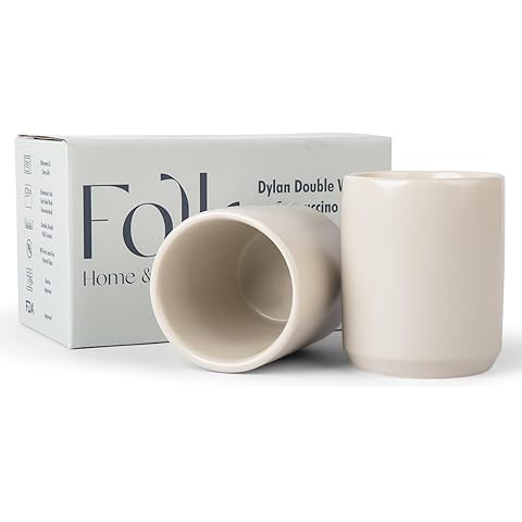 Folk Ceramics Dylan Ceramic Cappuccino Cups Set | Double Walled Ceramic Coffee Mug Set | Compact & Heat Insulated Cappuccino, Tea, Coffee & Latte Cup | 8oz, Set of 2 | Fog Grey