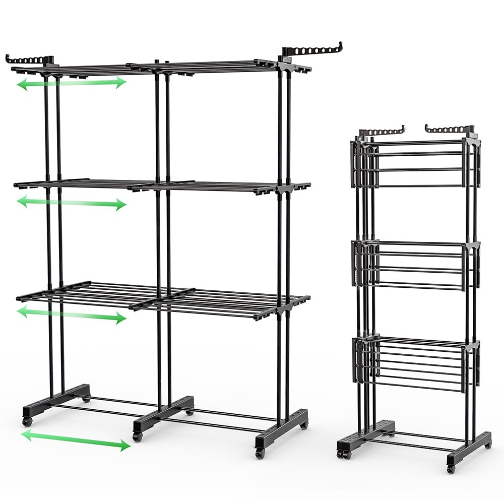 VOUNOT® Wäscheständer Turm Ausziehbar, Platzsparender Turmwäscheständer für Innen & Außen, mit Faltbaren Flügeln, Teleskopstange und 6 Rollen, 40m Trockenlänge, 3 Ebenen, Schwarz