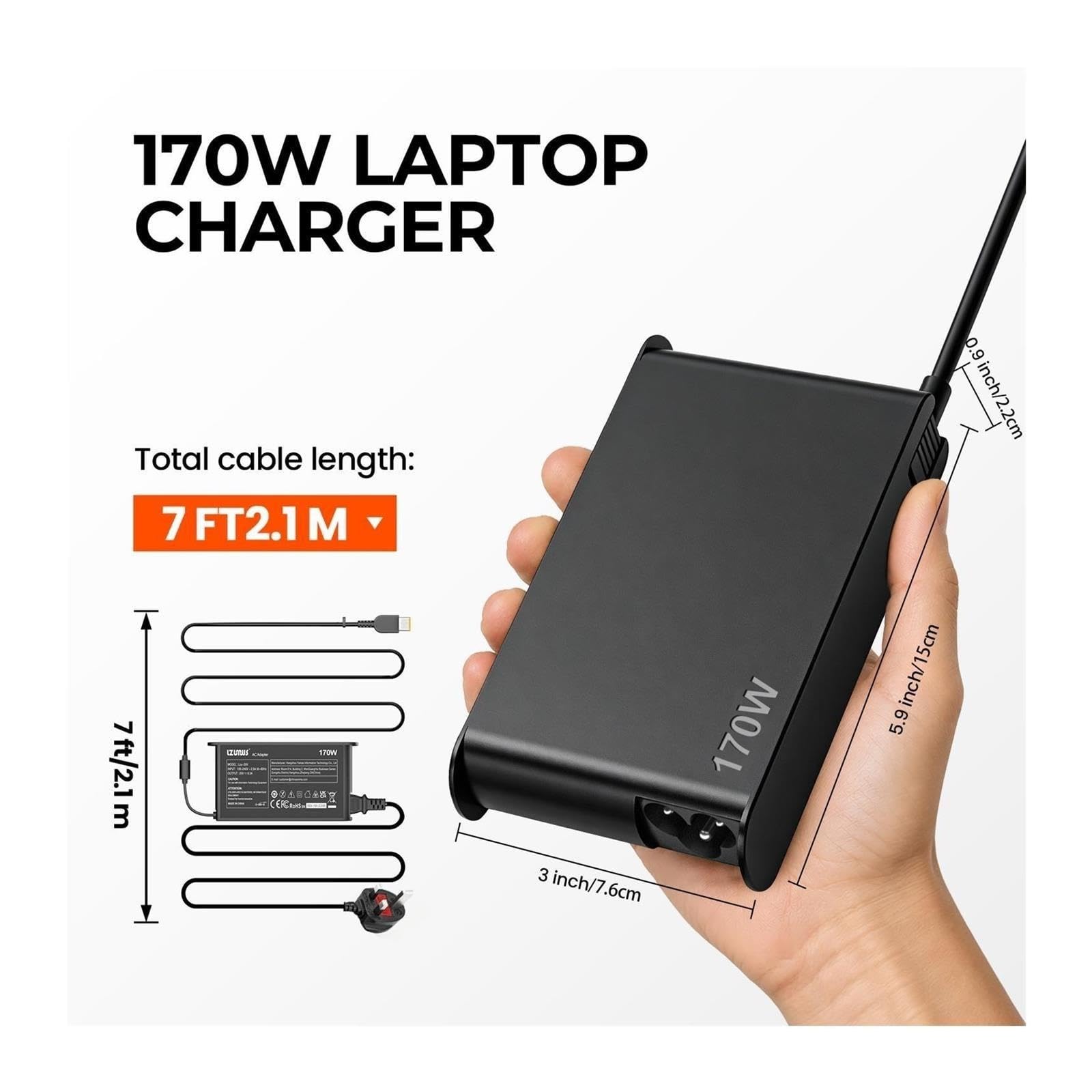 Adaptador De Vuelta De USB-A De 20V, 8,5a, 170W, Potencia De Carga for Y7000 Y7000P R720-15 ADL170SLC3A W540 T540p Y50-70 T440p P50 P51, Cargador De Ordenador Portátil(with EU Cable)