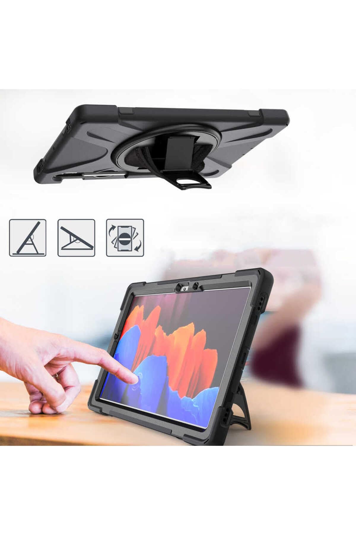 CONSTRAIN - Samsung Galaxy Tab S7 Plus T970 ile Uyumlu Tank Kılıf Omuz Askılı 360 Dönen Standlı Zırh Kapak