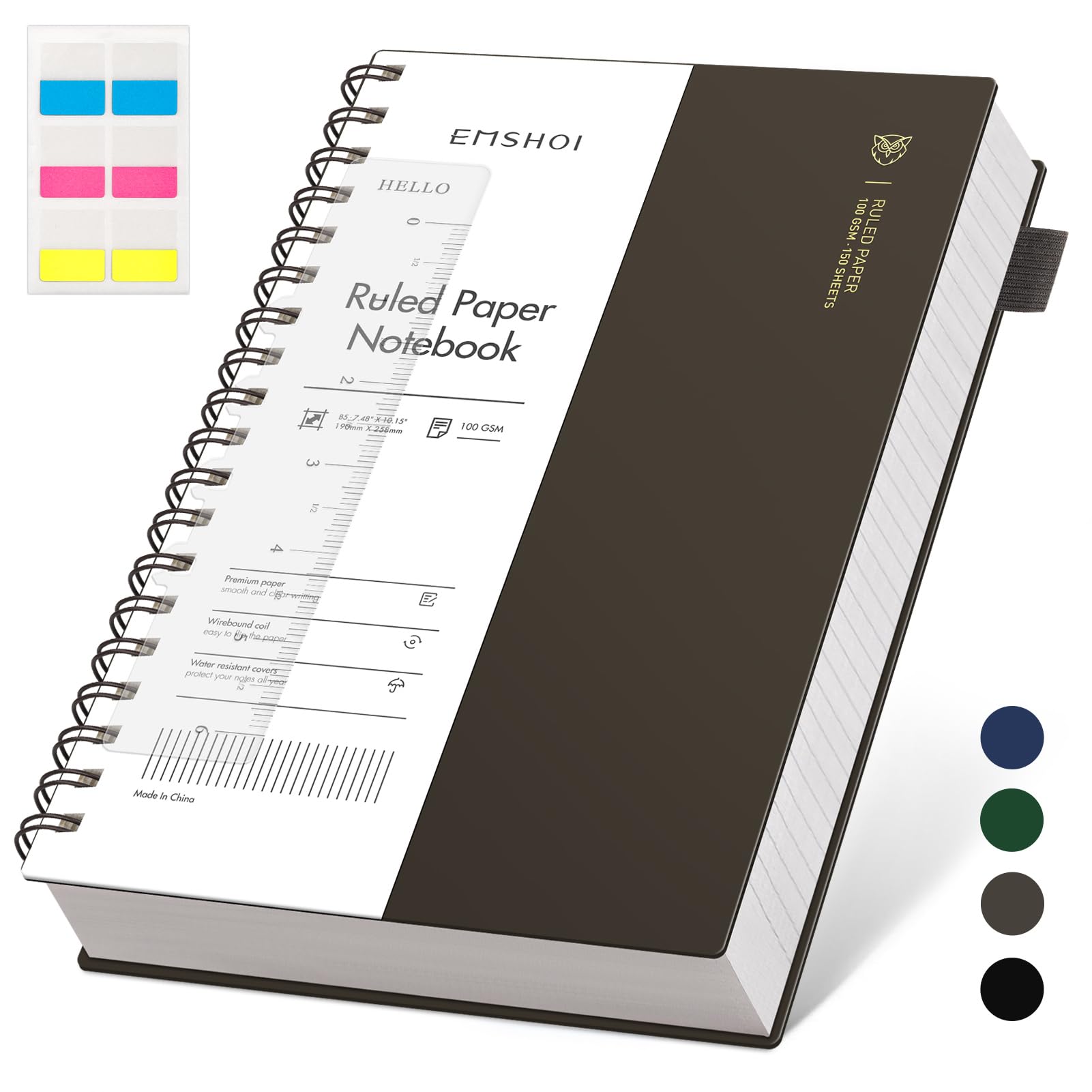 EMSHOI B5 Wirebound Notebook Lined 300 Pages/150 Sheets, Spiral Notepad Multi-Coloured, 100gsm Thick Paper, Waterproof Hardcover, Writing Journal for Women Men Work Office School,19 x 25 cm, Coffee