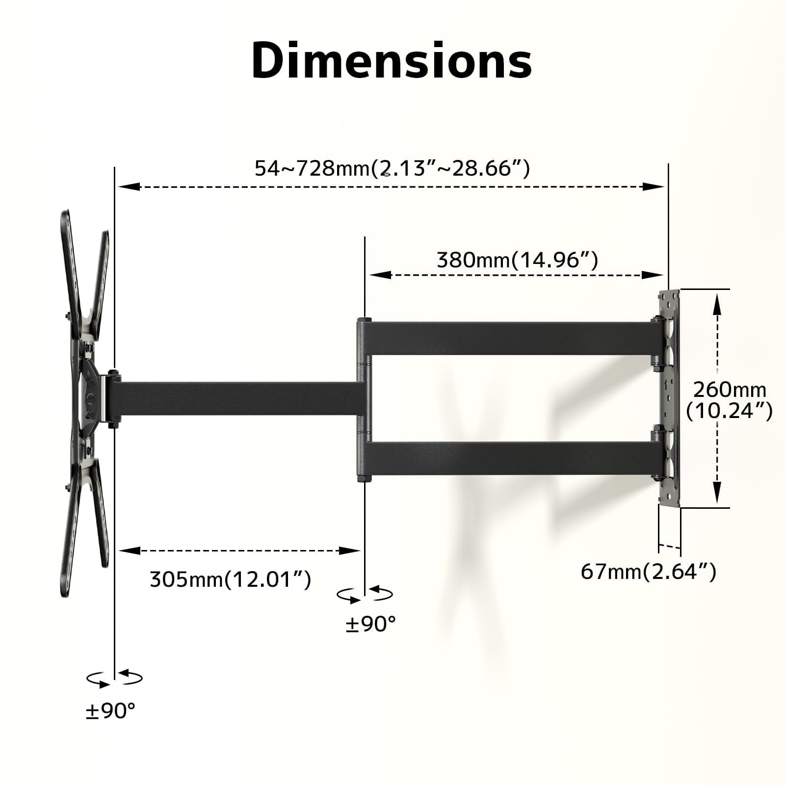 Supporto TV Parete con Braccio Extra Lungo 728mm per TV da 23-65 pollici, staffa TV angolare con supporto girevole e inclinabile a 180°, Max. VESA 400 x 400 mm, può reggere fino a 35KG