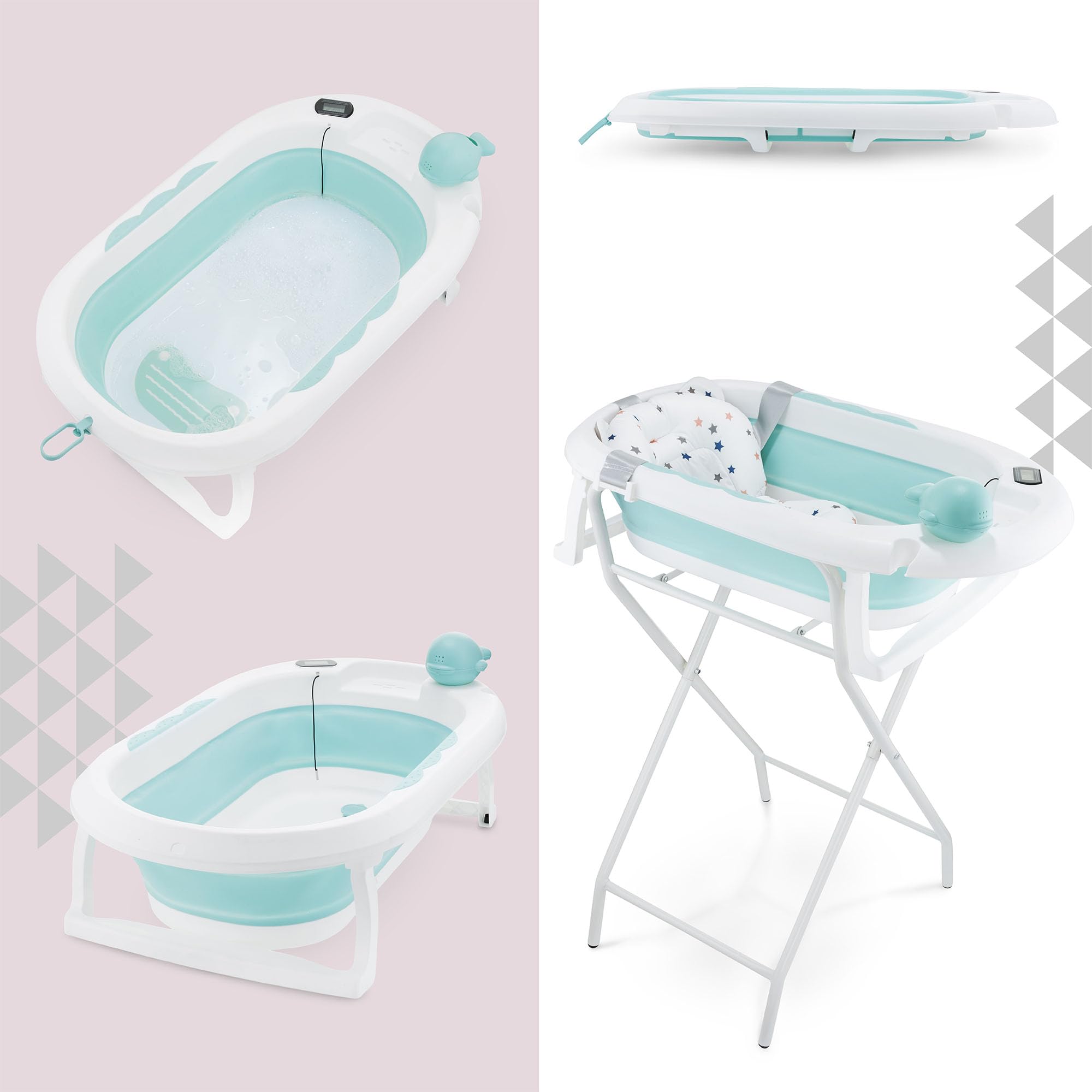 Moby-System Bañera Bebé Plegable con Termómetro LCD Incluye Inserto Soporte Alto y Bajo Vasito de Ballena – Compacta y Segura desde Recién Nacido – Menta