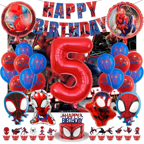 Kindergeburtstag Deko 5 Jahre, Spider Luftballons Geburtstagsdeko Themed Party Set Happy Birthday Banner, Rrunde Charakter Ballon Hintergrunddekoration und Latexballons für Junge und Mädchen
