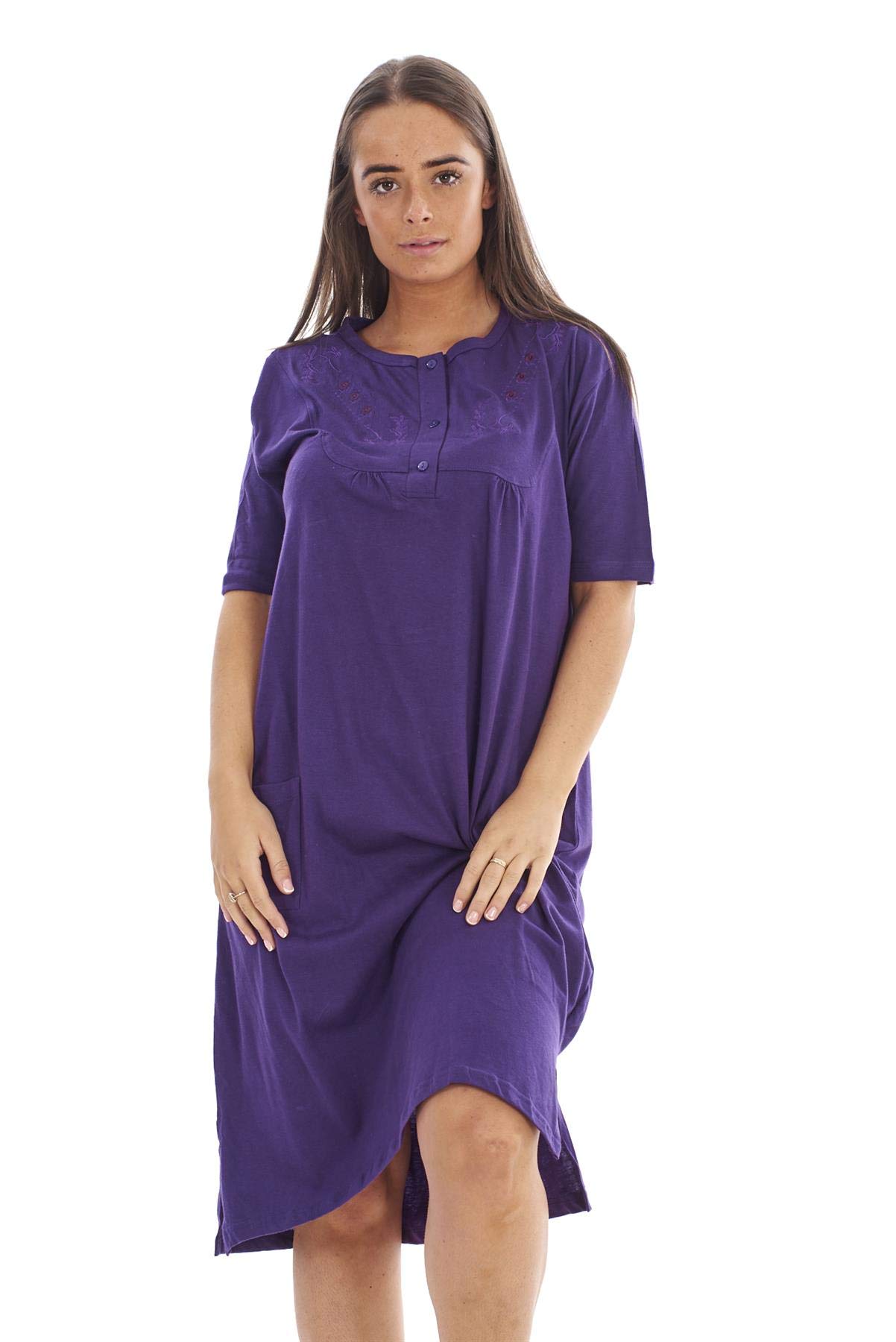 Malay Women's Purple Plain Nightdress Embroidered Crew Neck Short Sleeve Pocket Nightshirt