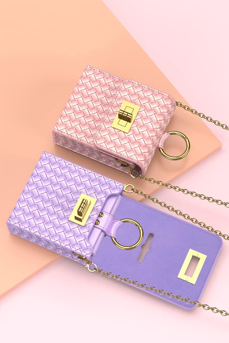 for Samsung Galaxy Z Flip 4 Case with Ring, Pretty Luxury Bag Design, Samsung Z Flip 4 Case Kickstand Weave Design Phone Cover Case with Card Slot（Pink）