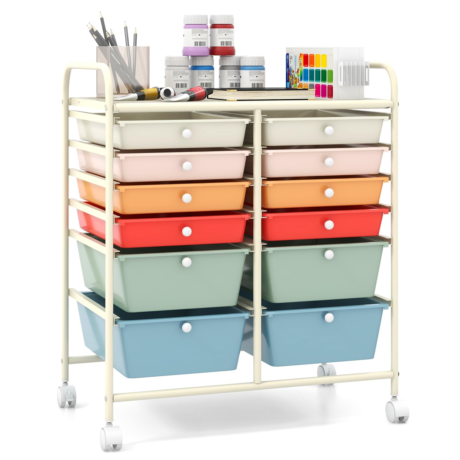 COSTWAY 12 Drawers Rolling Storage Cart, Home Office Stationary Utility Trolley with 4 Wheels, Multipurpose Mobile Organiser Shelving Unit for Makeup Beauty Salon (Colorful)
