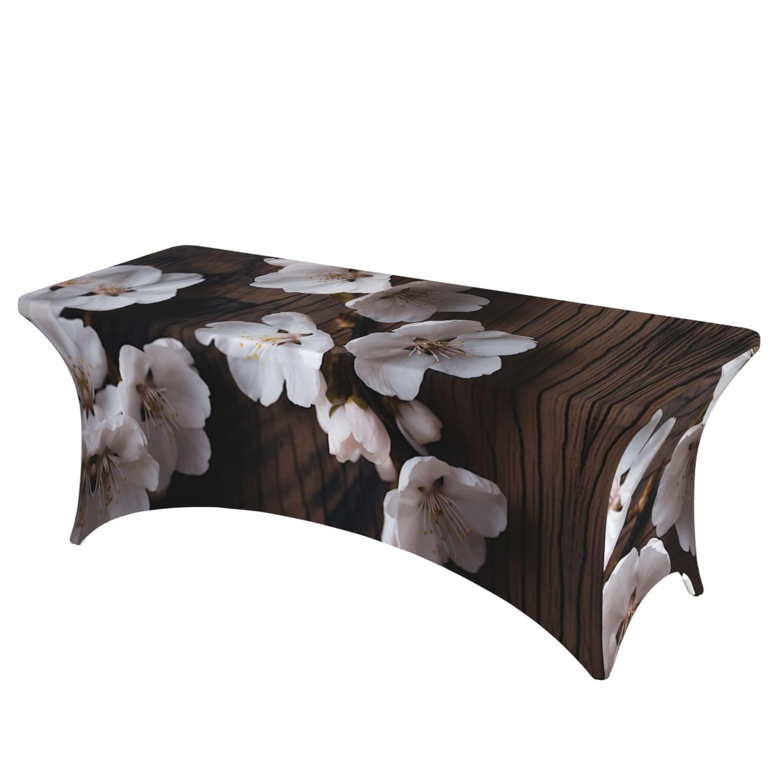 QMKFWT Wooden Cherry Blossoms Decorative Tablecloth Protector for Wedding, Banquet & Parties6FT Spandex Rectangle Tablecloths, Stretch Washable Table Cloth Wrinkle Free Patio Table Cover