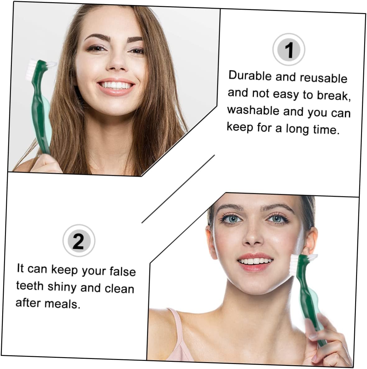 3pcs Dual Head Denture Toothbrushes Hard Bristle Cleaning Brushes for False Teeth with Ergonomic Long Handle Reusable Design and Brush Heads for Denture Care