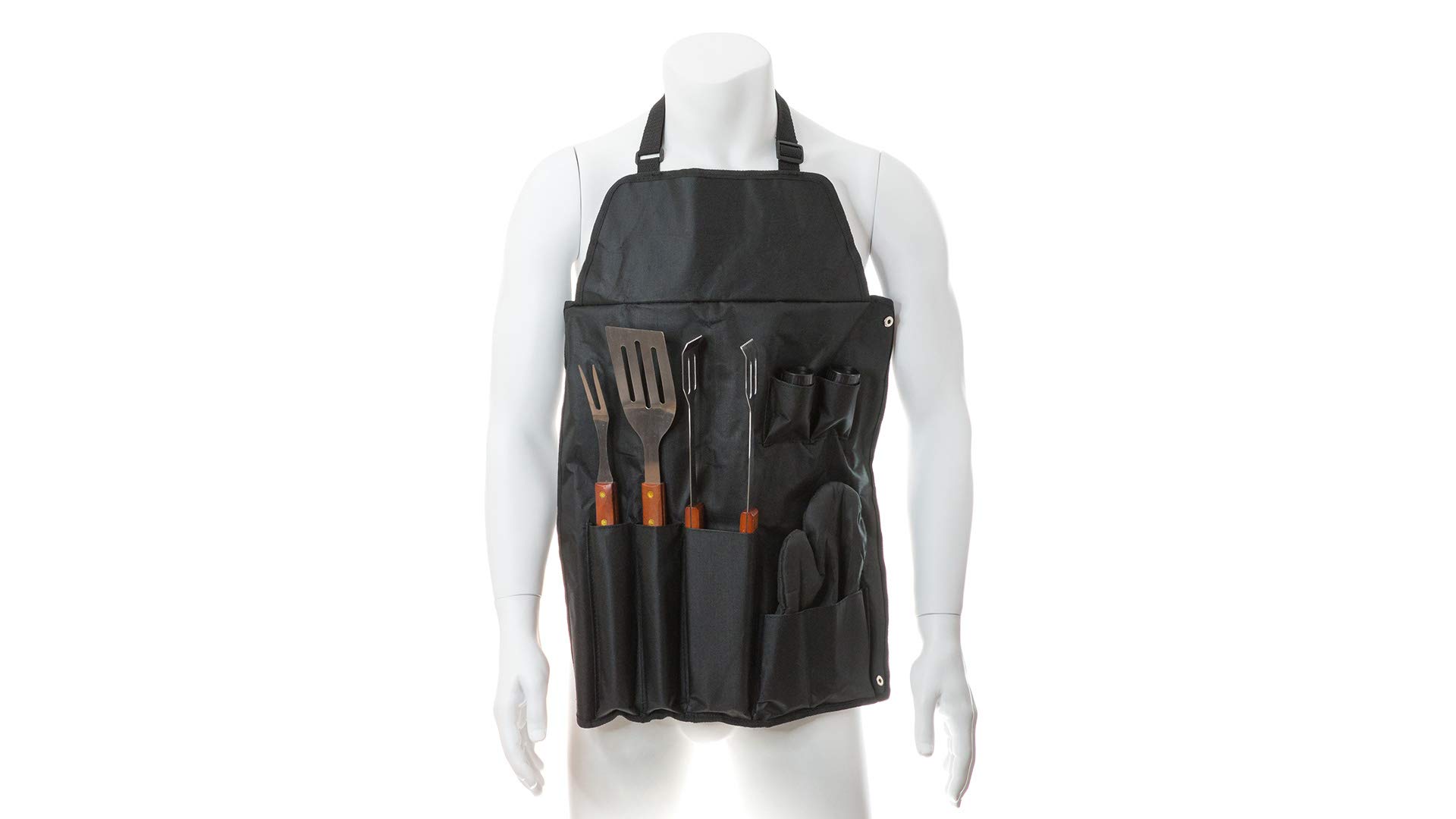 Set Barbacoa con Utensilios, Delantal y Manoplas, Regalos Original para Hombres y Mujeres, Pinza, Paleta y Tenedor en Acero INOX y Madera Ideal para los amnates de Las barbacoas y parrilladas.