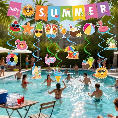 Image of Summer Party Decorations - Pre-Strung Hello Summer Banner and Hanging Swirls Beach Party Decor for Home Office Classroom