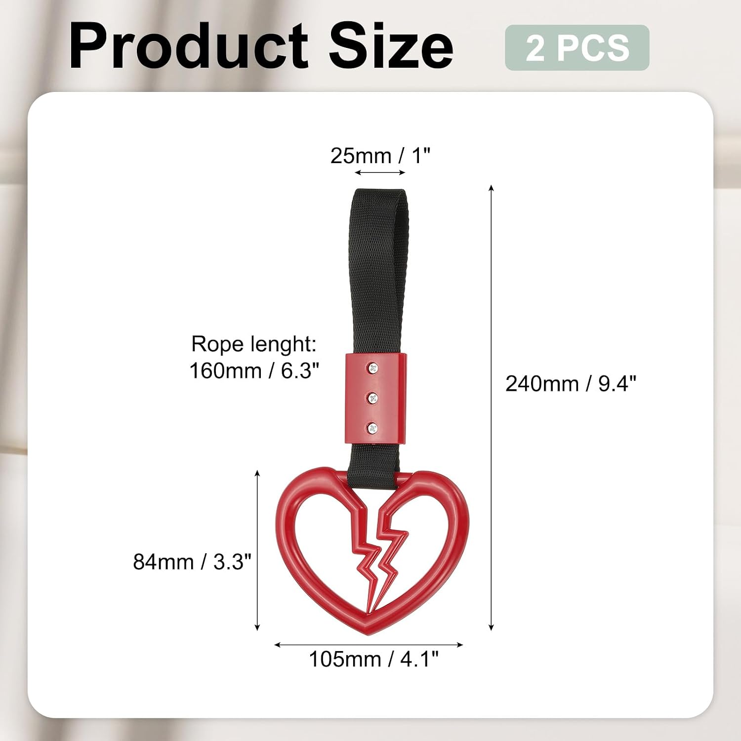 PATIKIL 2Pcs Broken Heart Shaped Car Handle Straps, Car Hanging Accessories Bumper Warning Ring Drift Charm for Auto Decor Interior Exterior Decoration, Red