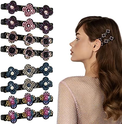8 Pcs Sparkling Crystal Stone Braided Hair Clips, Rhinestones Hair Barrettes with 3 Clips Hair Accessories, Triple Hair Clips Braided Hair Clips for Women and Girls