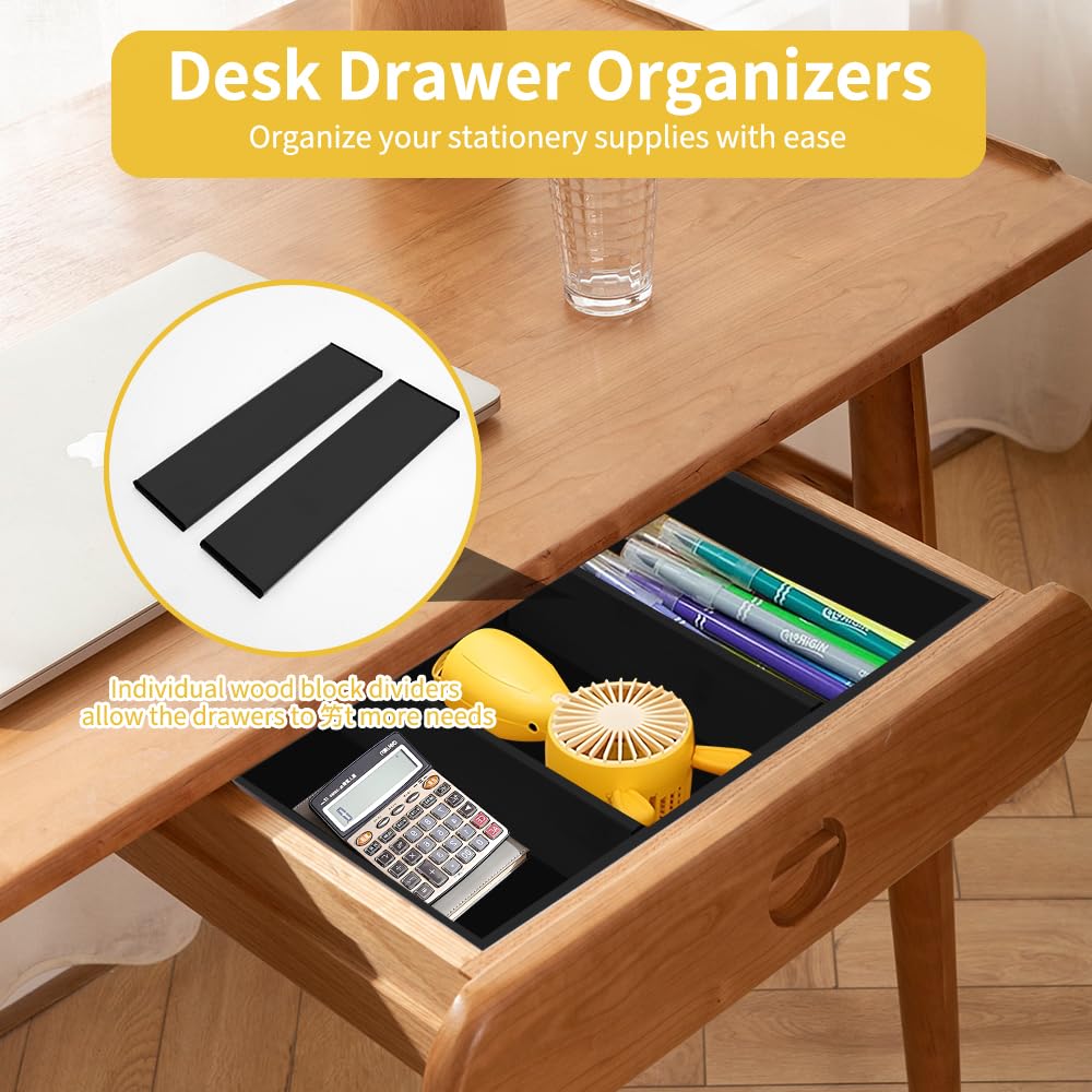 Organizer Cassetti 5 Pezzi in Bambù, Portaposate da Cassetto Separatori per Cassetti con 2 Divisori per Cassetti Regolabili Organizzatore Scrivania per Cassetto Bagno Cucina Trucchi, Nero