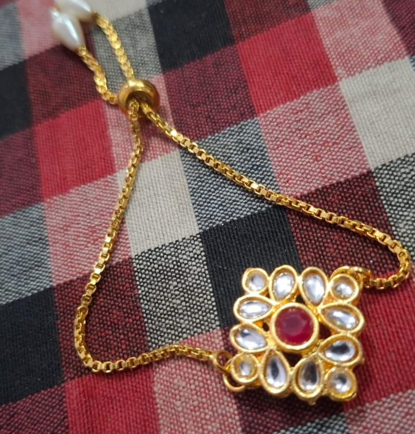 Image of Elegant Traditional Gold Plated /Rakhi Combo Of 1 Piece for Men and Women /brother /sister /bhabhi Kundan Stone combo set (Same as Shown In Image)