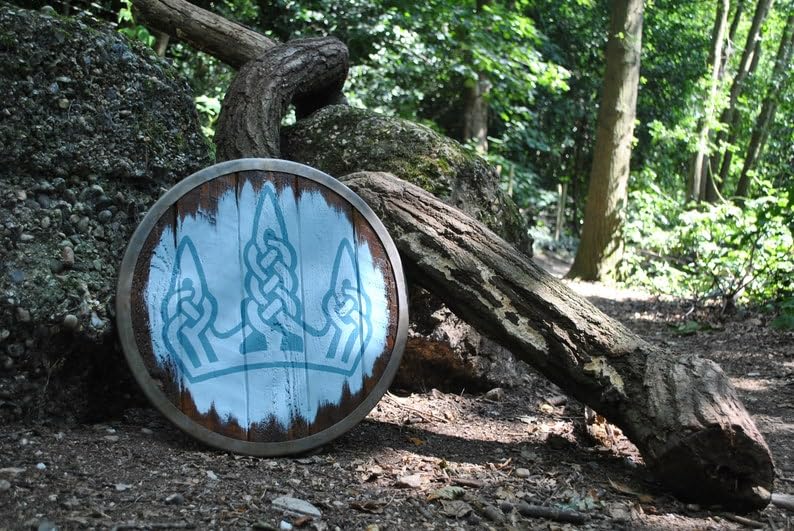 Średniowieczna tarcza wikingów okrągła tarcza drewniana zbroja drewno i stal do cosplay tarcza 61 cm, Biały/niebieski, 24 Inch