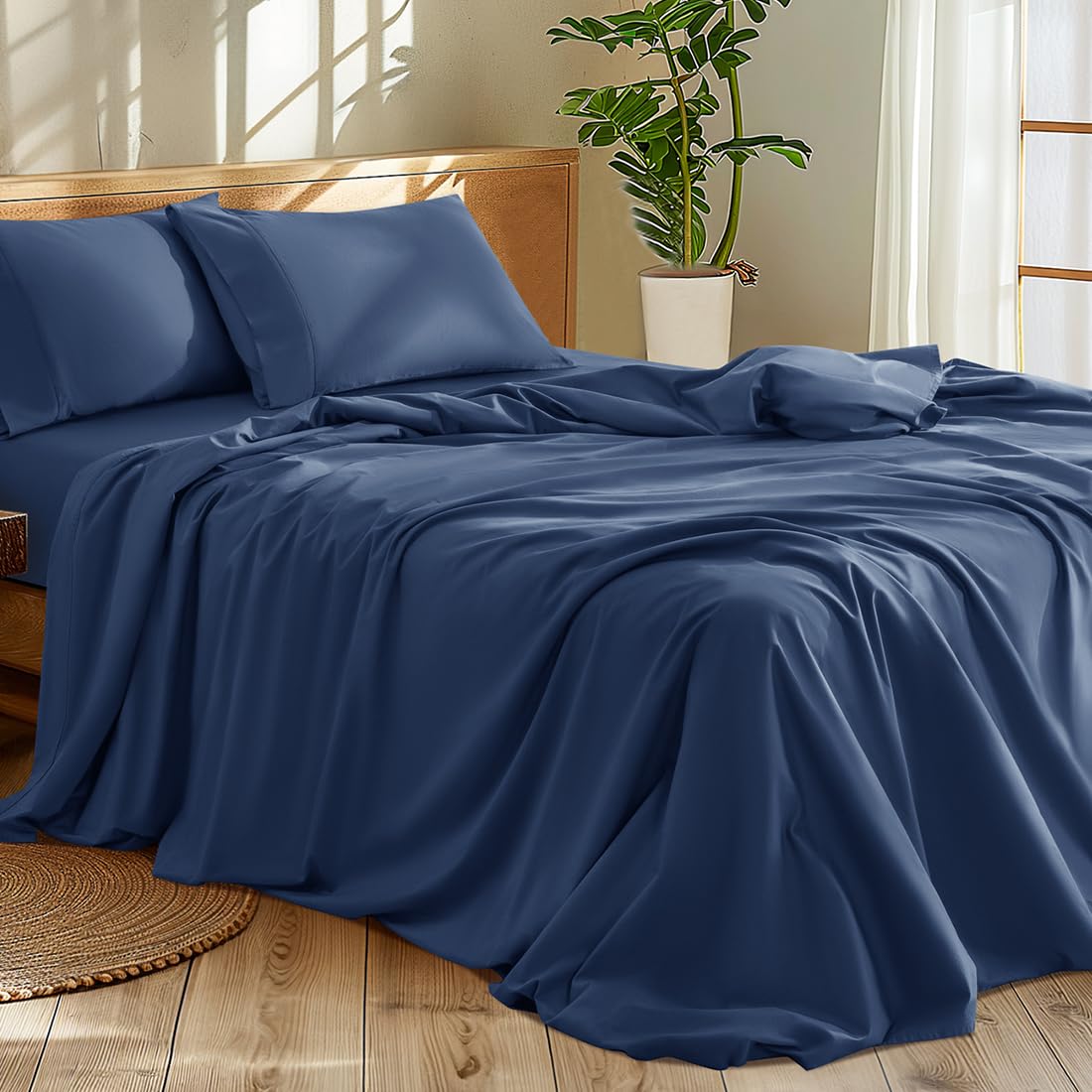 Shilucheng 1200 Thread Count Cotton Sheets Set?Luxury 100% Egyptian Cotton Bed Sheets?5-Star Hotel Quality Sheets, Breathable & Cooling, 16 Inch Deep Pocket - 4 Piece (Navy Blue, Queen)