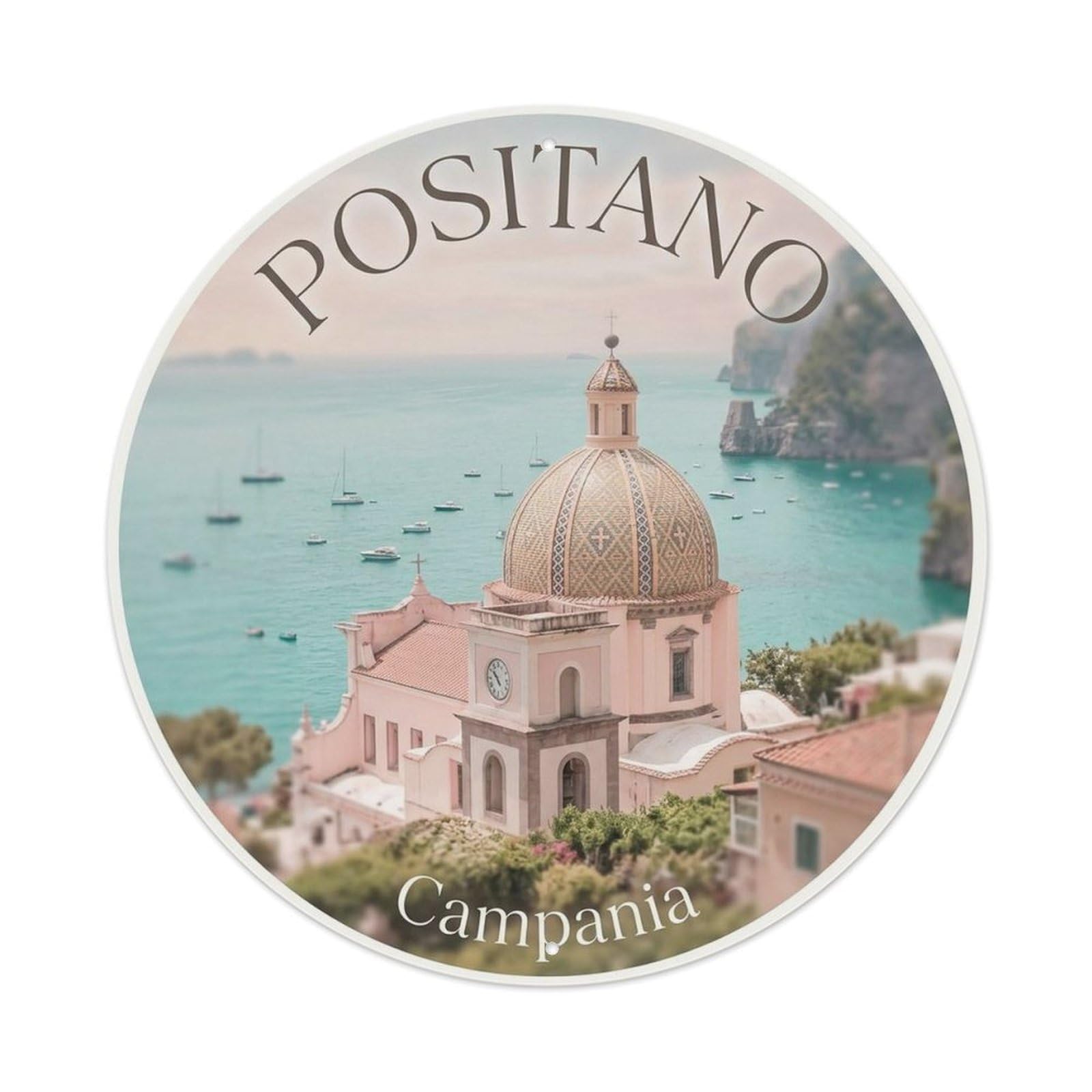 Southern Italy Positano Classic Campania Rustic Seaside Metal Tin Sign Plaque Wall Decor for Cafe, Man Cave, Club Bar, Office, Home Garden Round Metal Poster 8x8Inch