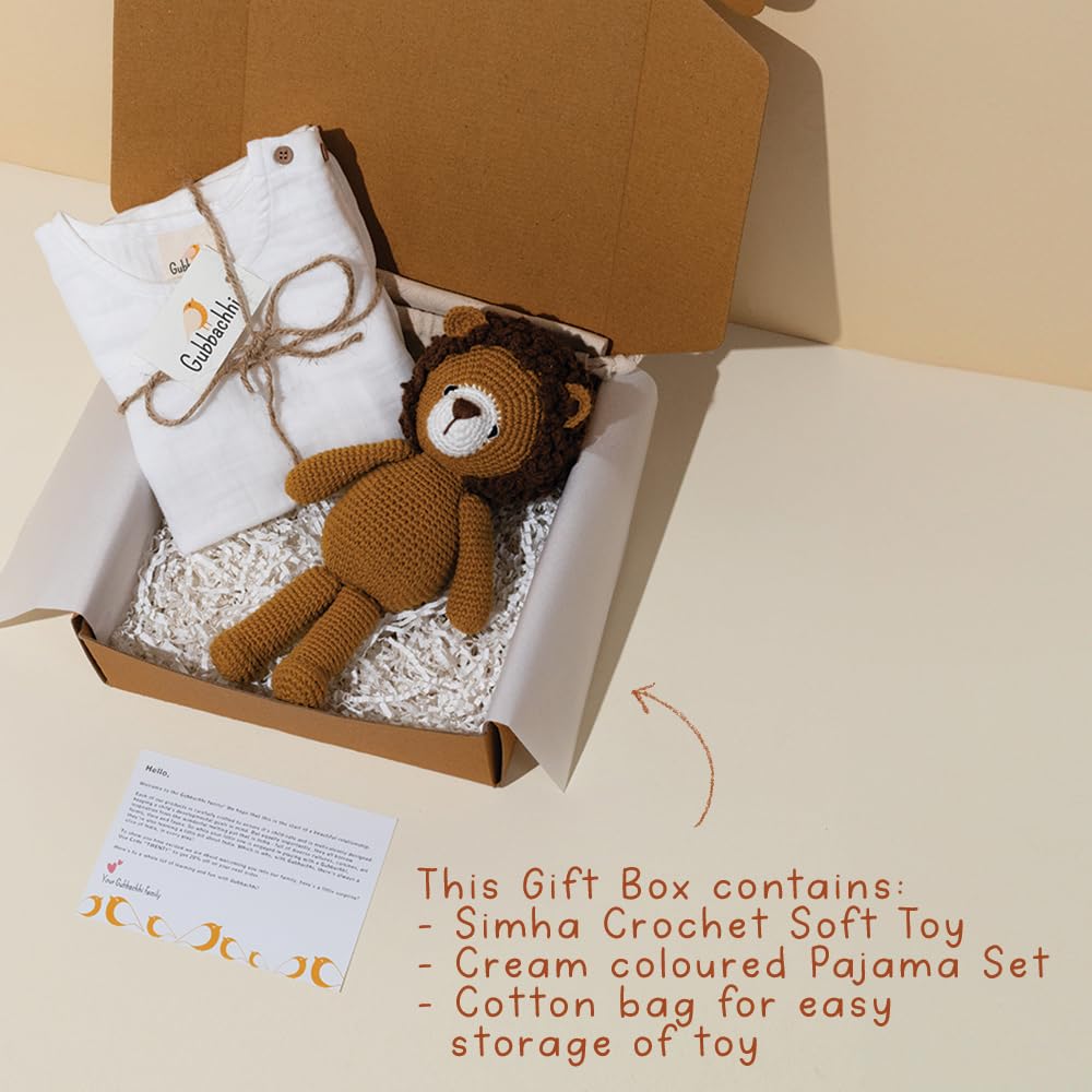 Gubbachhi Simha Soft Toy with Cream Pajama Gift Set | Crochet Toy and Muslin Pajama Combo | Gifting for Toddlers & Children | 100% Muslin Pajama Set | Birthday Gift | Toy for Gifting (1-2 Years)