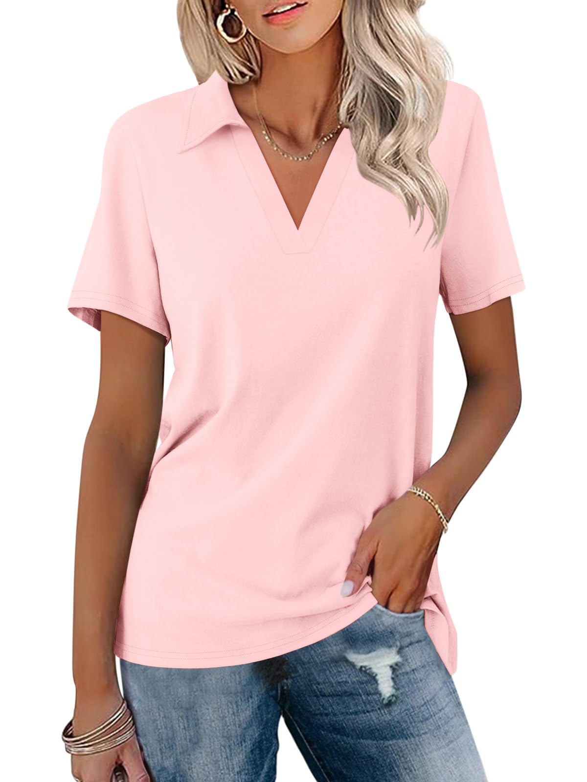 Women's Polo Shirts Short Sleeve V Neck Summer Tops Business Casual Collared Shirts Loose Tees