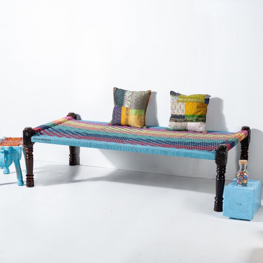 Solid Sheesham Wood Charpai Khat Bed | Wooden Khatiya Charpai Desi | Handcrafted Khatiya Bed with Cotton Rope | Strong Khat for Indoor & Outdoor Use | 6X3 Feet | 6 Line Weave, Multi