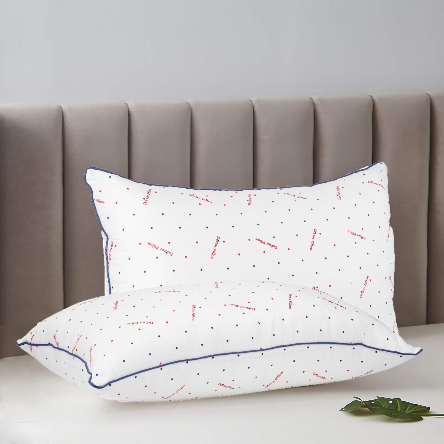 PAPAYA Printed Polyester Pillow – Microfiber Fill, 17x27 Inches, Ultra-Soft & Stylish with Blue Piping & Red-Blue Dot Pattern (Pack of 2)-image-15
