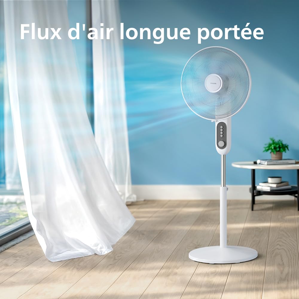 PHILIPS Ventilateur sur pied Série 1000 - Puissant et silencieux, 38 dB, Hauteur réglable, Inclinable et rotatif, Minuterie, Blanc (CX1220/00)