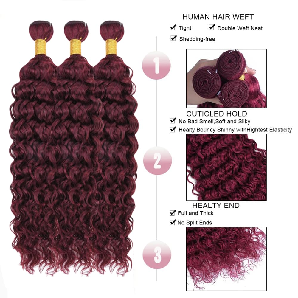 Water Wave Human Hair Bundles #99j Burgundy Red Perruques Extensions Double Weft Unprocessed Brazilain Remy Hair Weave Extension With Minimal Tangle 3 Bundles Total 300g 12 12 12 Inch