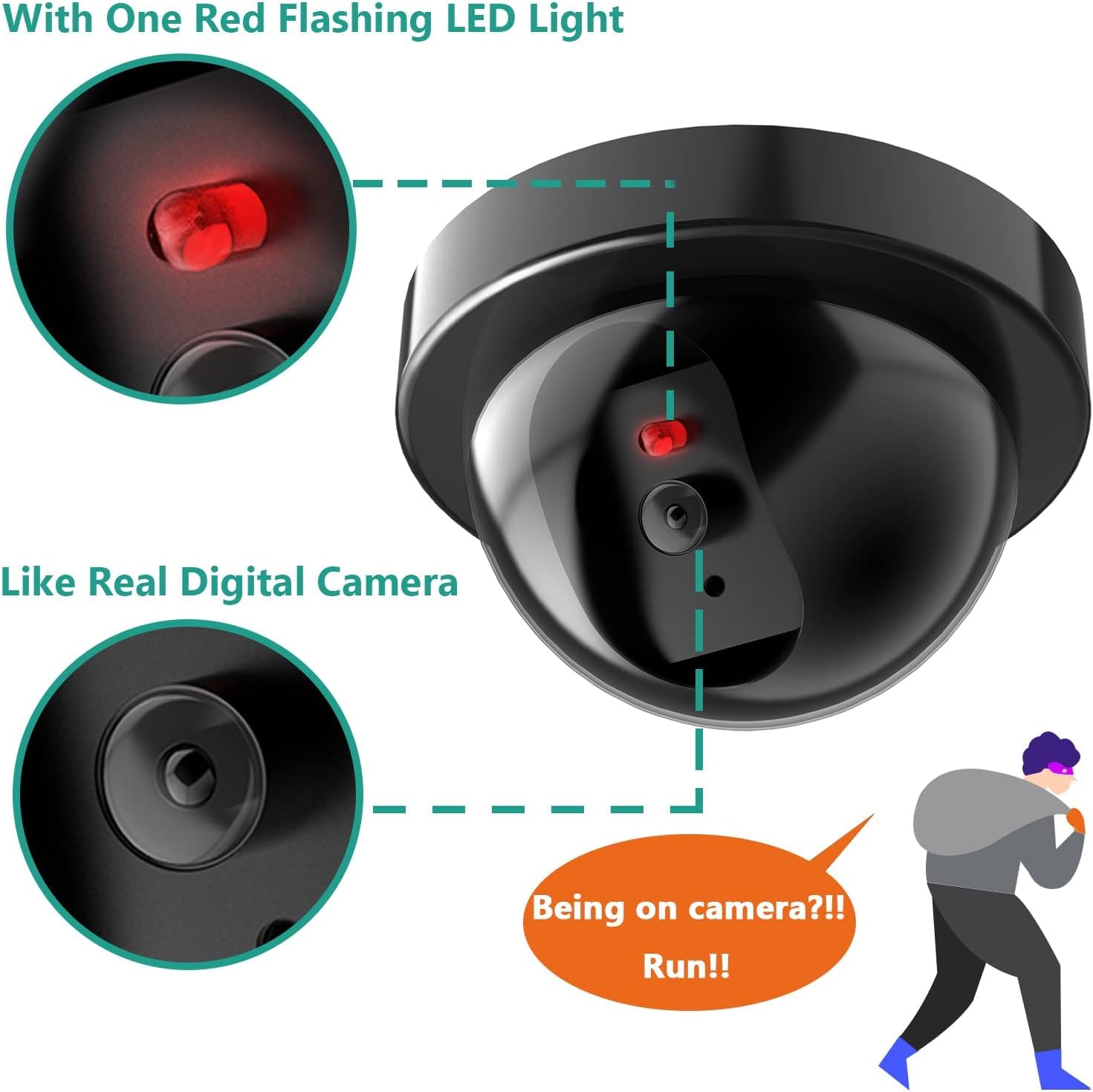 Dummy Fake Security CCTV Dome Camera with Flashing Red LED Light with Security Alert Sticker Decals, Black — Amazon image 3