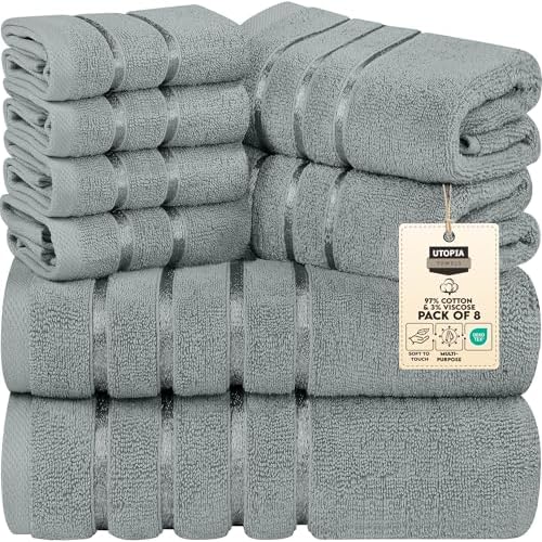 Utopia Towels 8 Piece Luxury Towel Set, 2 Bath, 2 Hand, and 4 Wash Cloths, 600 GSM Ring Spun Cotton, Highly Absorbent Viscose Stripe Towels, Ideal for Everyday use, Cool Grey
