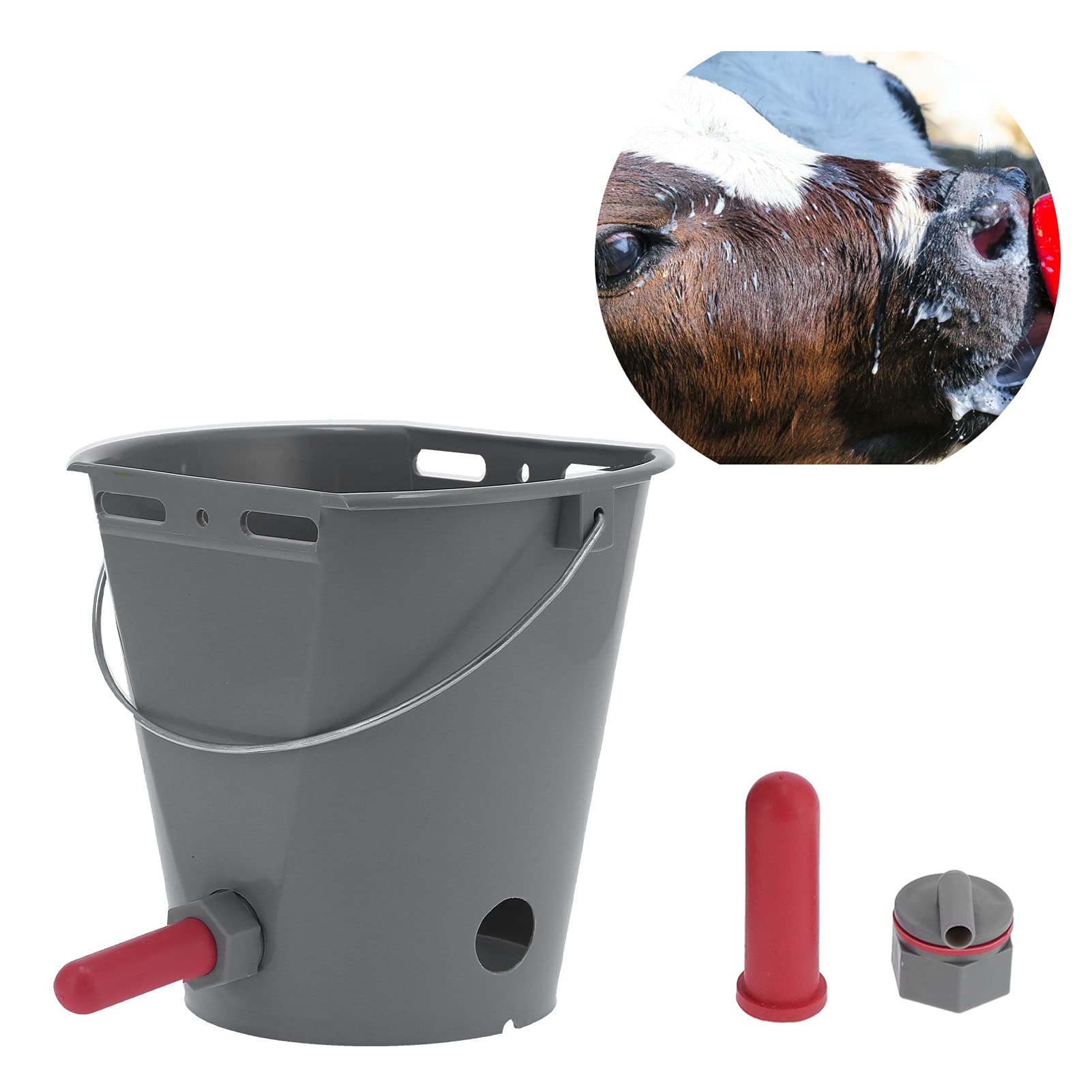 Cubo alimentador de 8 litros con 2 tetinas, accesorio para alimentación de leche, granja ganadera, gris (para ganado)