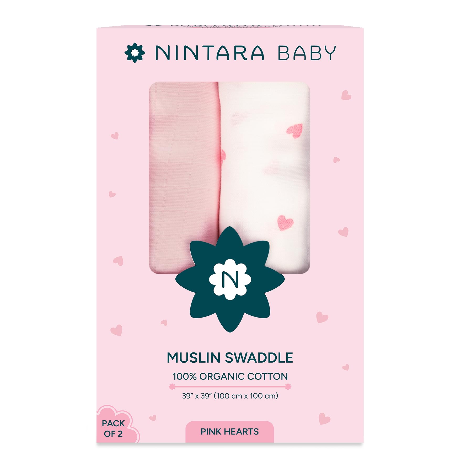 NINTARABABY Swaddles - 100% Organic Premium Muslin Cotton, 39"x 39"(100 cm x 100 cm), Ultra-Soft, Breathable, Lightweight, Multipurpose, Hypoallergenic, Gifts for Newborn Girls, Pack of 2