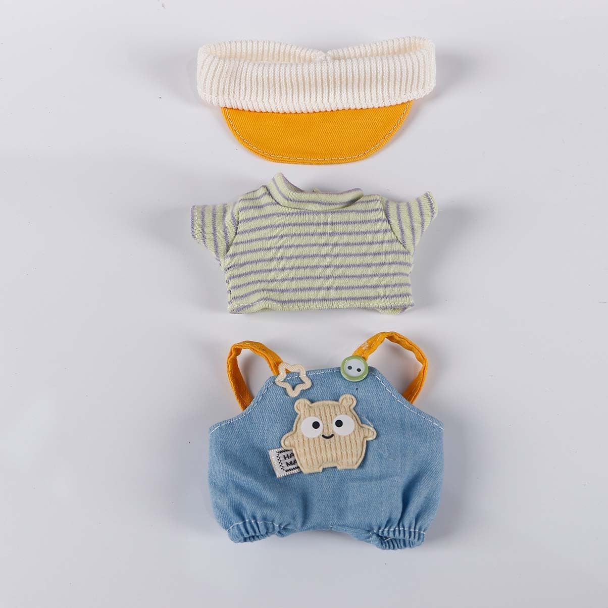Compatible with Labubu 15cm/17cm (NO Doll) - Cream Knit Cap + Green Striped Top + Bear-Patch Denim Overalls Set, Doll Outfit Accessories