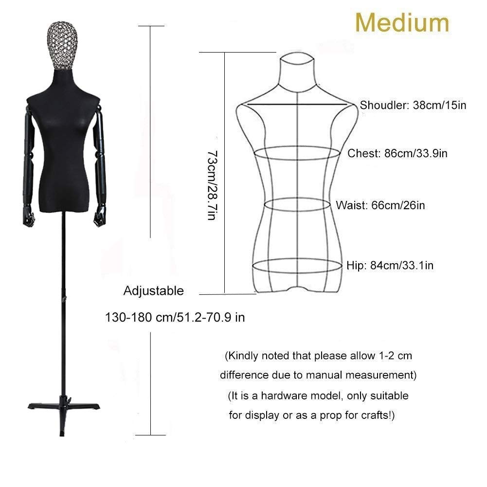 Schwarze weibliche Schaufensterpuppe mit Kunststoffarmen, Obertorso-Mannequin mit Stativständer, verstellbare Höhe (Stil 4 M)