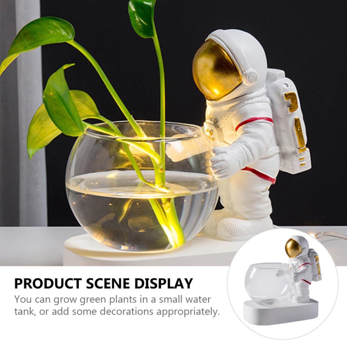 Contenitore Idroponico in Vetro e Resina con Luce LED Astronauta, Decorazione per Piante Succulente e Acquatiche, Porta Fioriere da Interno per Casa e Ufficio
