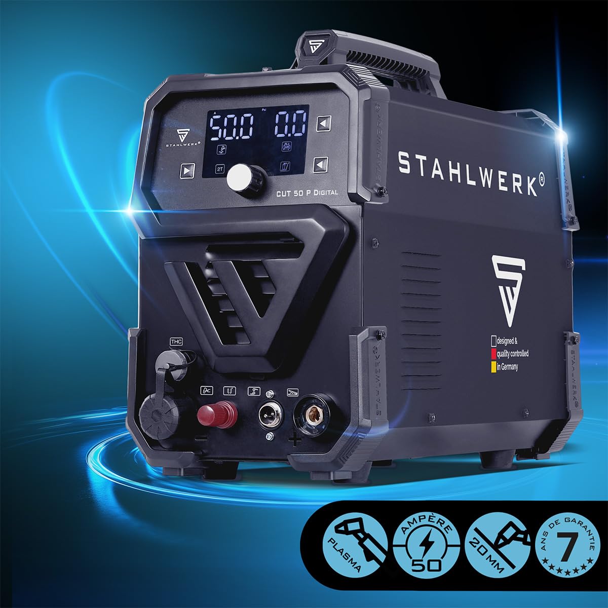 STAHLWERK Découpeur plasma CUT 50 P Digital – Poste de découpe plasma 50 A, capacité de coupe jusqu'à 20 mm, amorçage pilote HF, interface THC pour contrôle de hauteur CNC, Inverter Plasma Cutter