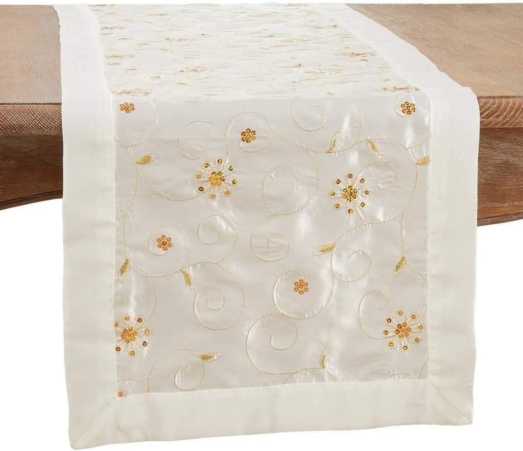 Fennco Styles Elegant Sequined & Embroidered Christmas Table Runner 16" W x 90" L - Ivory Floral Table Cover for Home, Dining Room, Banquets, Winter Holidays, Family Gatherings and Special Events