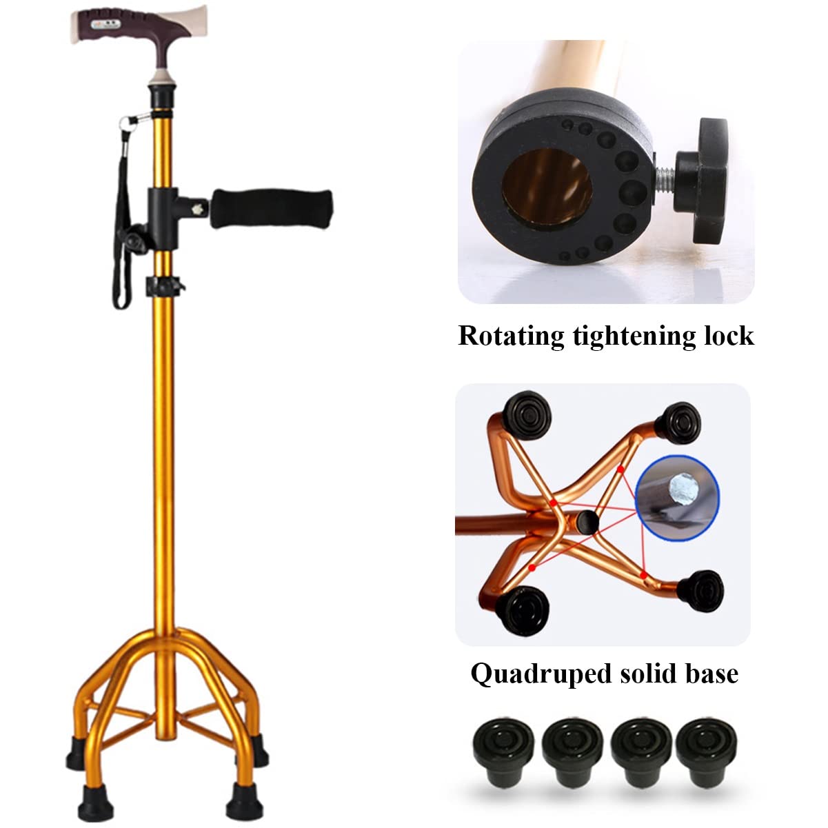 Quadripode Bastone da Passeggio con Impugnatura Laterale Leggero Bastone Regolabile Confortevole Stabilità Aiuto alla Mobilità for Uomo Donne E Anziani (Color : Silver)