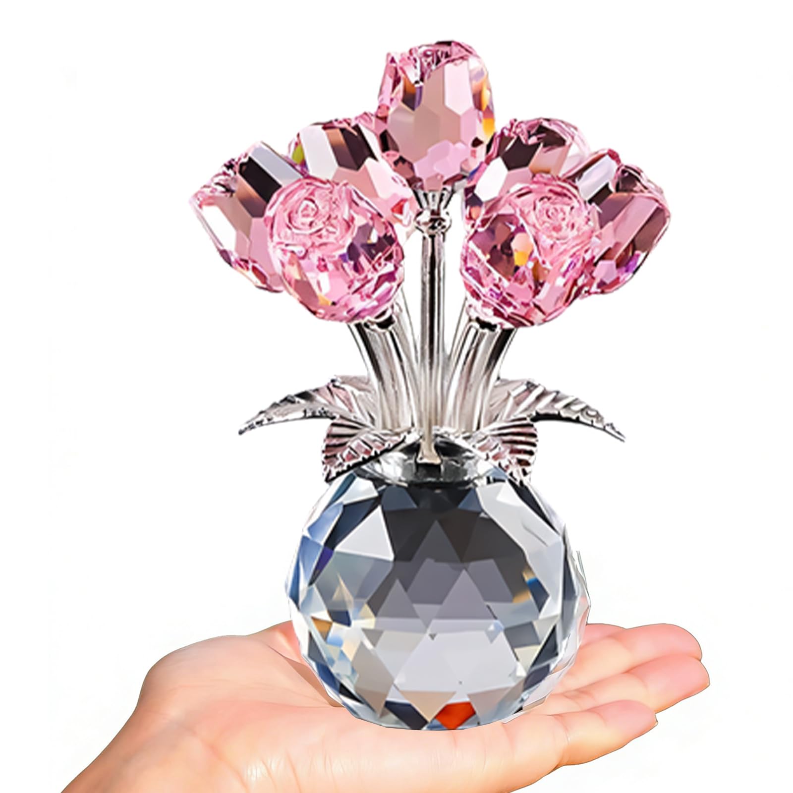 hogtnd Handmade Crystal Roses Flower Figurine with Vase, Crystal Bouquet Ornament for Party, Wedding, Home Decoration, Roses Gift for Women