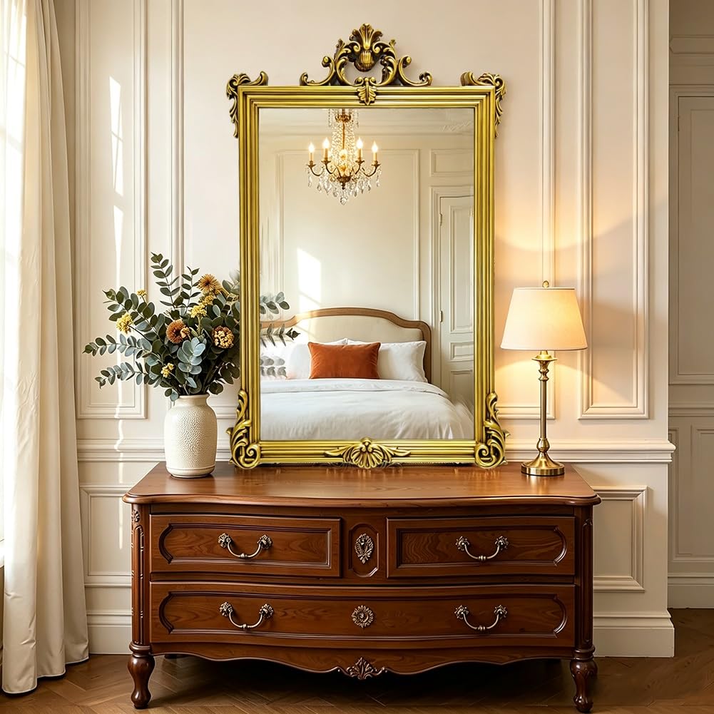 Lustro łazienkowe W Stylu Vintage 60x90 cm HD | Ozdobna Lekka Rama z PU, do Salonu Jadalni Przedpokoju, Podkreślająca Estetykę Wnętrza