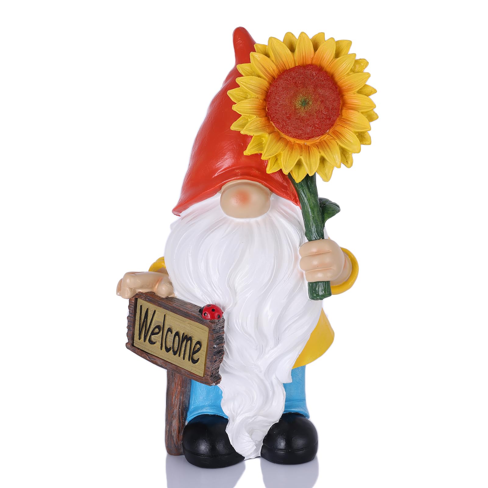 suruim Estatua de gnomo de jardín con luces LED, figura de Tomte Nisse de resina de girasol de 12 pulgadas con letrero de bienvenida, decoración de jardín al aire libre para patio, césped, patio