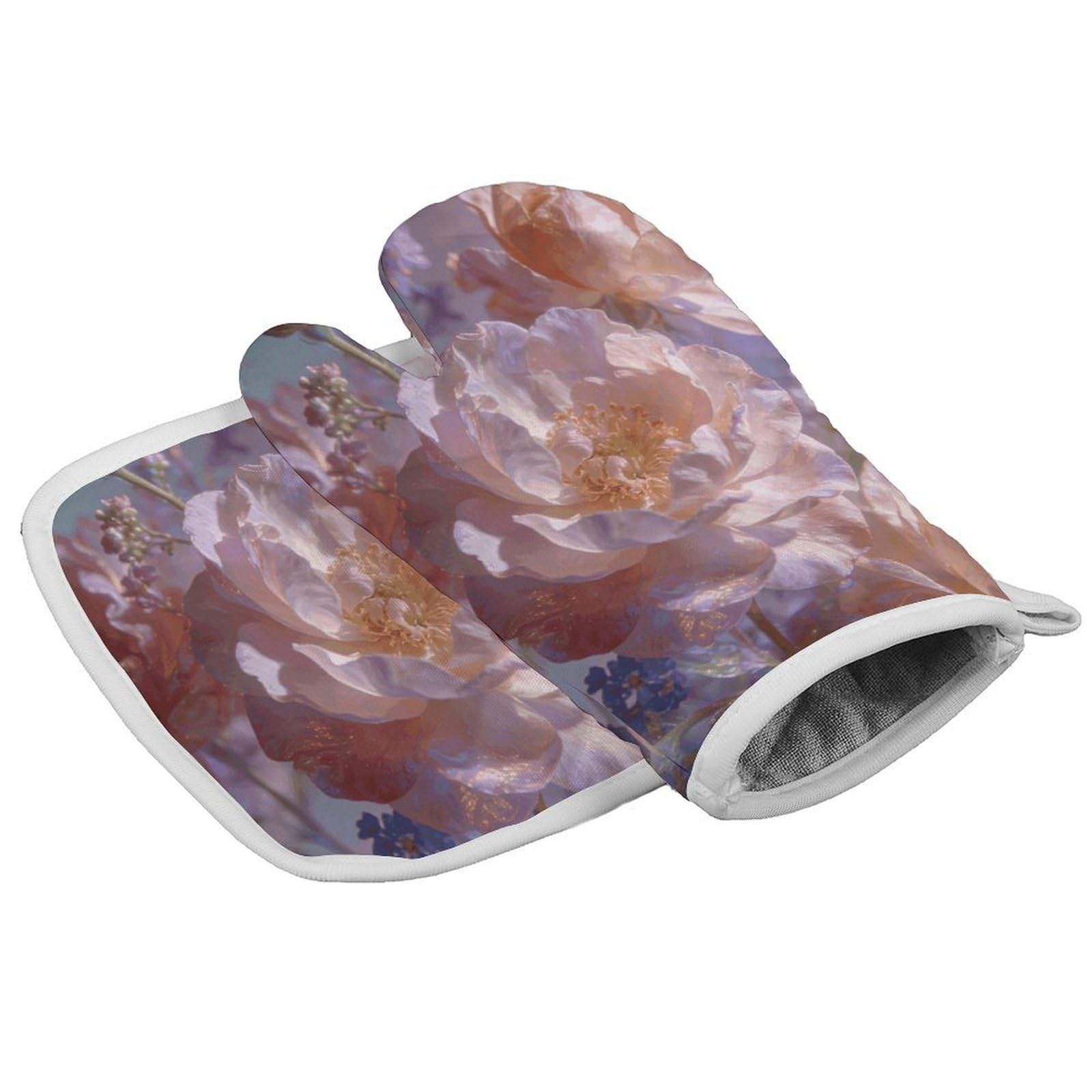 Fodpand Style Dreamy Floral Pattern Oven Mitt Set With Lanyard, Cooking Mitt, Protective Thermal Insulation,Kitchen Mitt For Baking, Cooking, Grilling, Microwave
