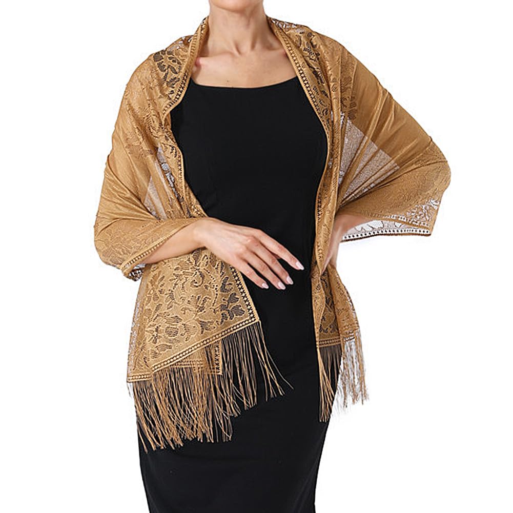 Ladiery Women's Floral Lace Shawl with Tassels, Soft Mesh Fringe Wraps for Wedding Evening Party Dresses