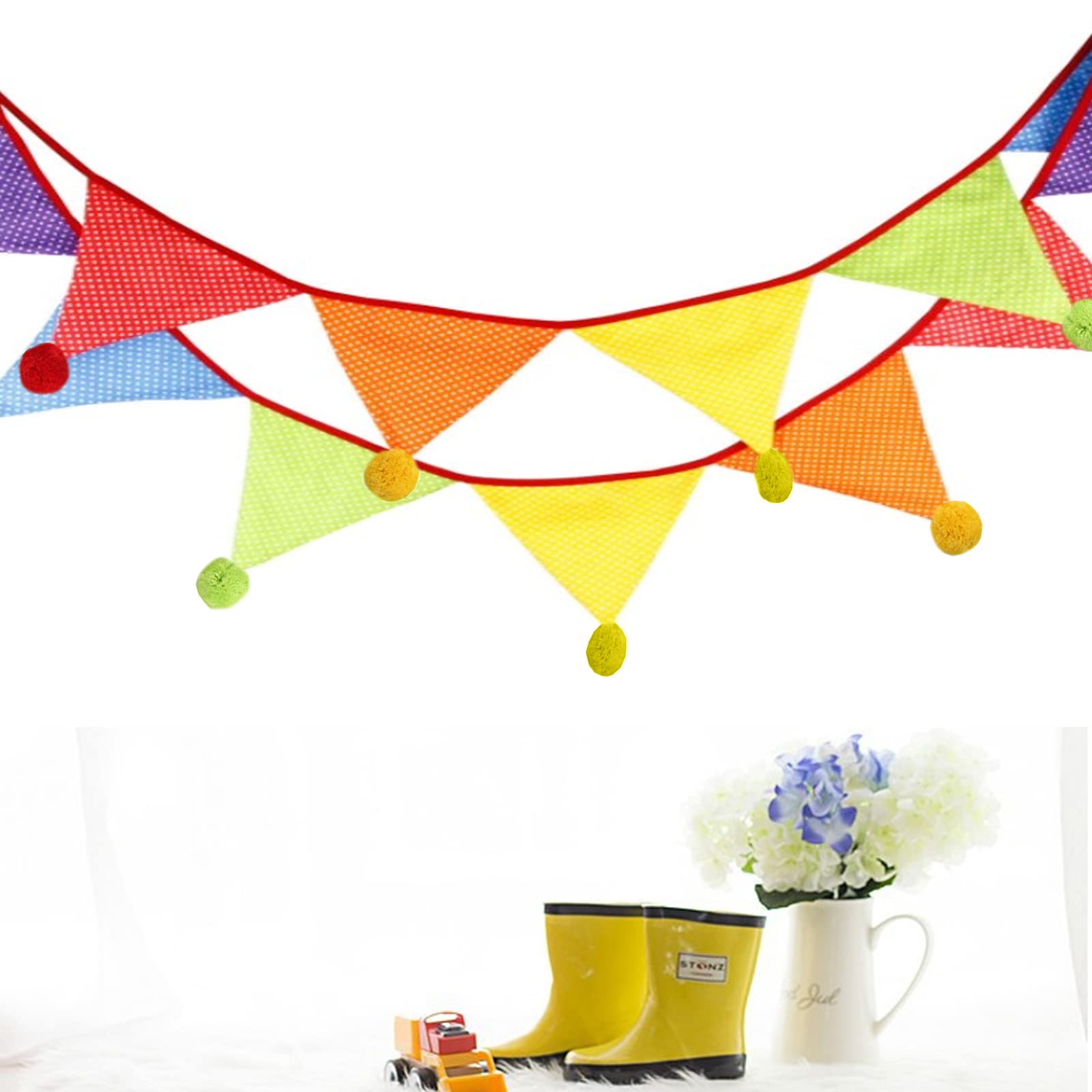 Ghirlanda Di Bandierine Multicolore In Tessuto - 12m Con 42 Bandiere Per Feste, Compleanni, Matrimoni - Foto 4