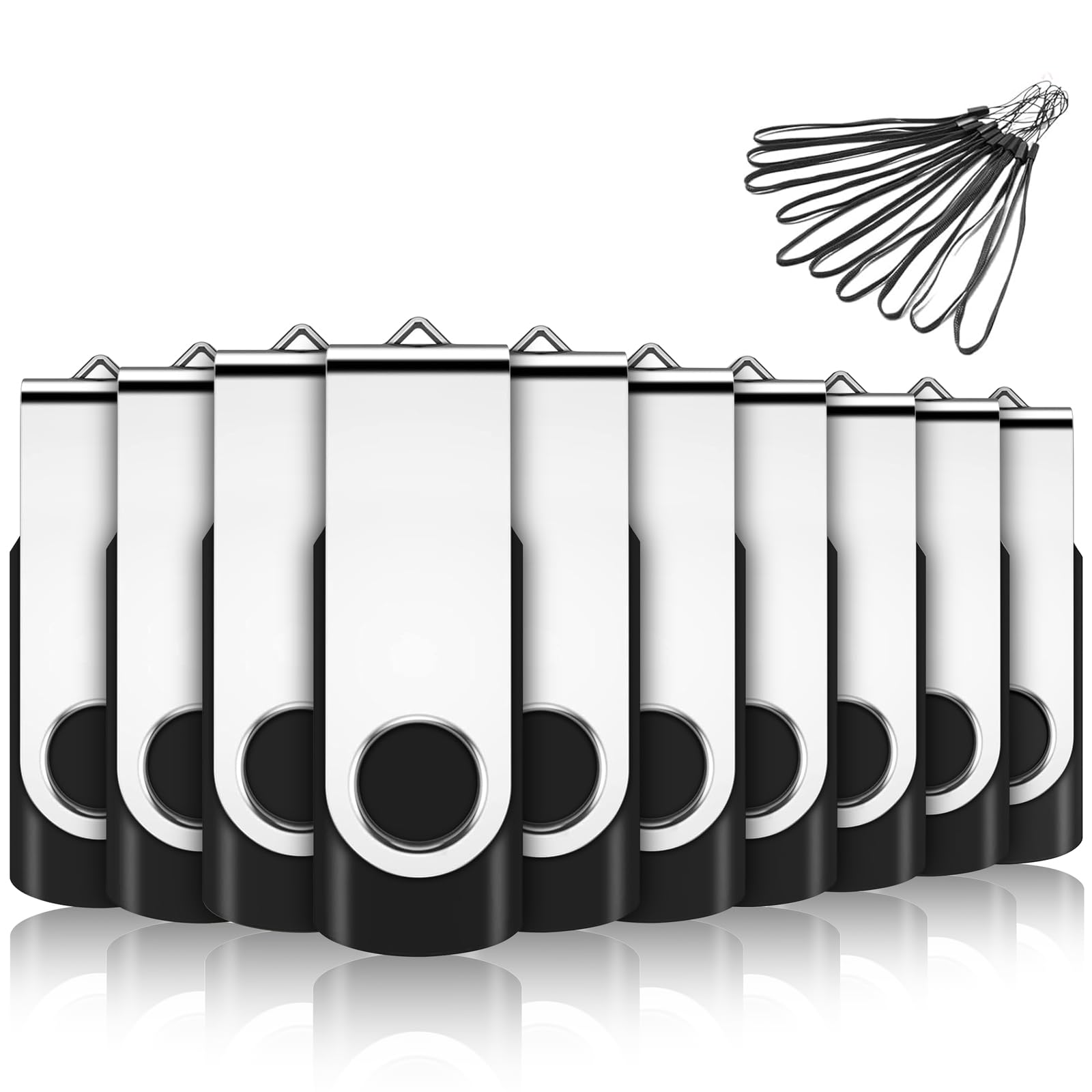 8GB USB Stick Pack, EASTBULL USB Memory Stick 10Pack USB2.0 Flash Drive Swivel Design Pen Drive 8GB Memory Stick Fold Storage (Black With Free Lanyard)