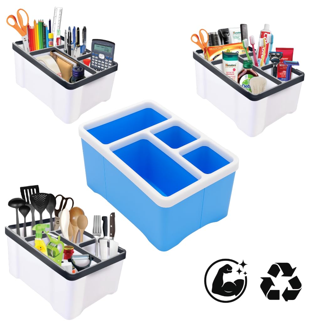 TOVOKART 1 piece Multipurpose Holder with multiple compartments for Pen, Stationery, Remote, Kitchen Utensils & More | Virgin Plastic & Kitchen Organizer for Home & Office (Ocean Blue)